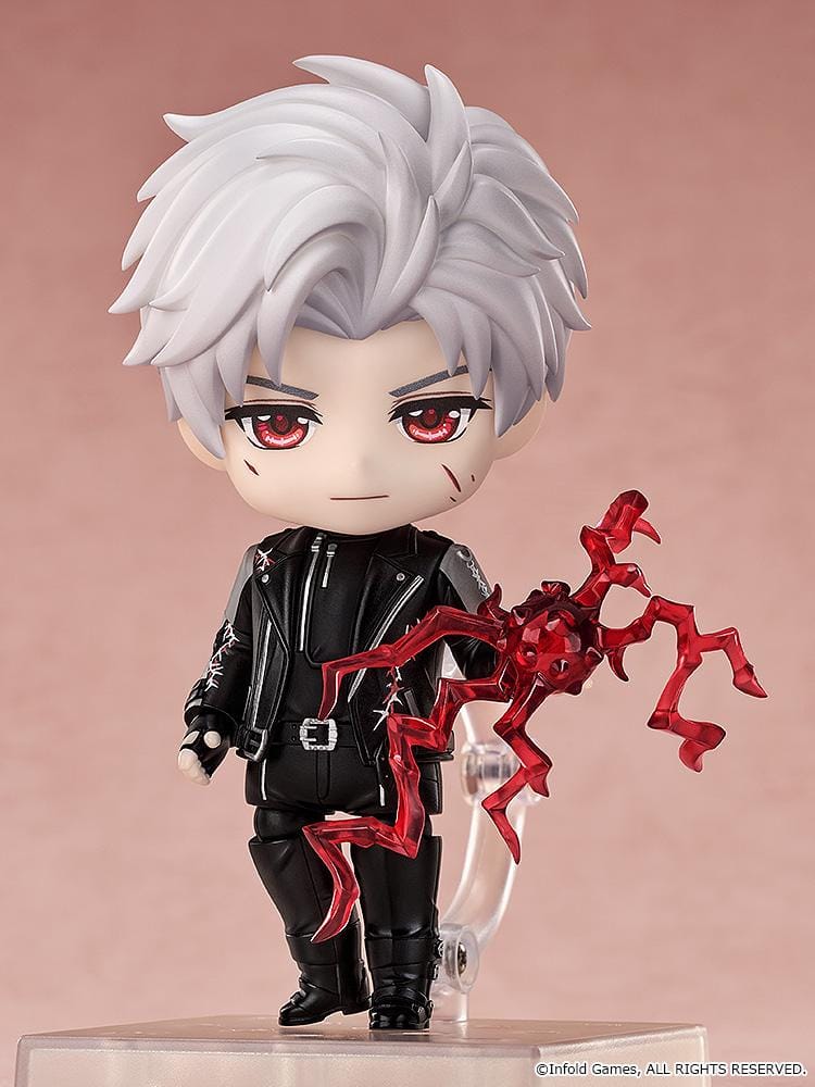 Love and Deepspace Nendoroid Sylus Figure with silver hair, red eyes, and black outfit