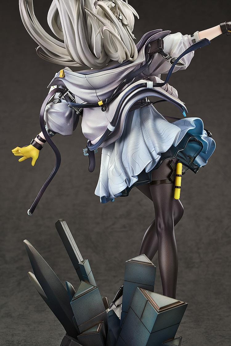 Arknights Endfield Perlica 1/7 Scale Figure featuring Perlica with flowing silver hair, animal ear details, futuristic white outfit, weapon accessory, and crystal-style display base.