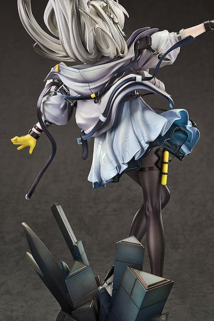 Arknights Endfield Perlica 1/7 Scale Figure featuring Perlica with flowing silver hair, animal ear details, futuristic white outfit, weapon accessory, and crystal-style display base.