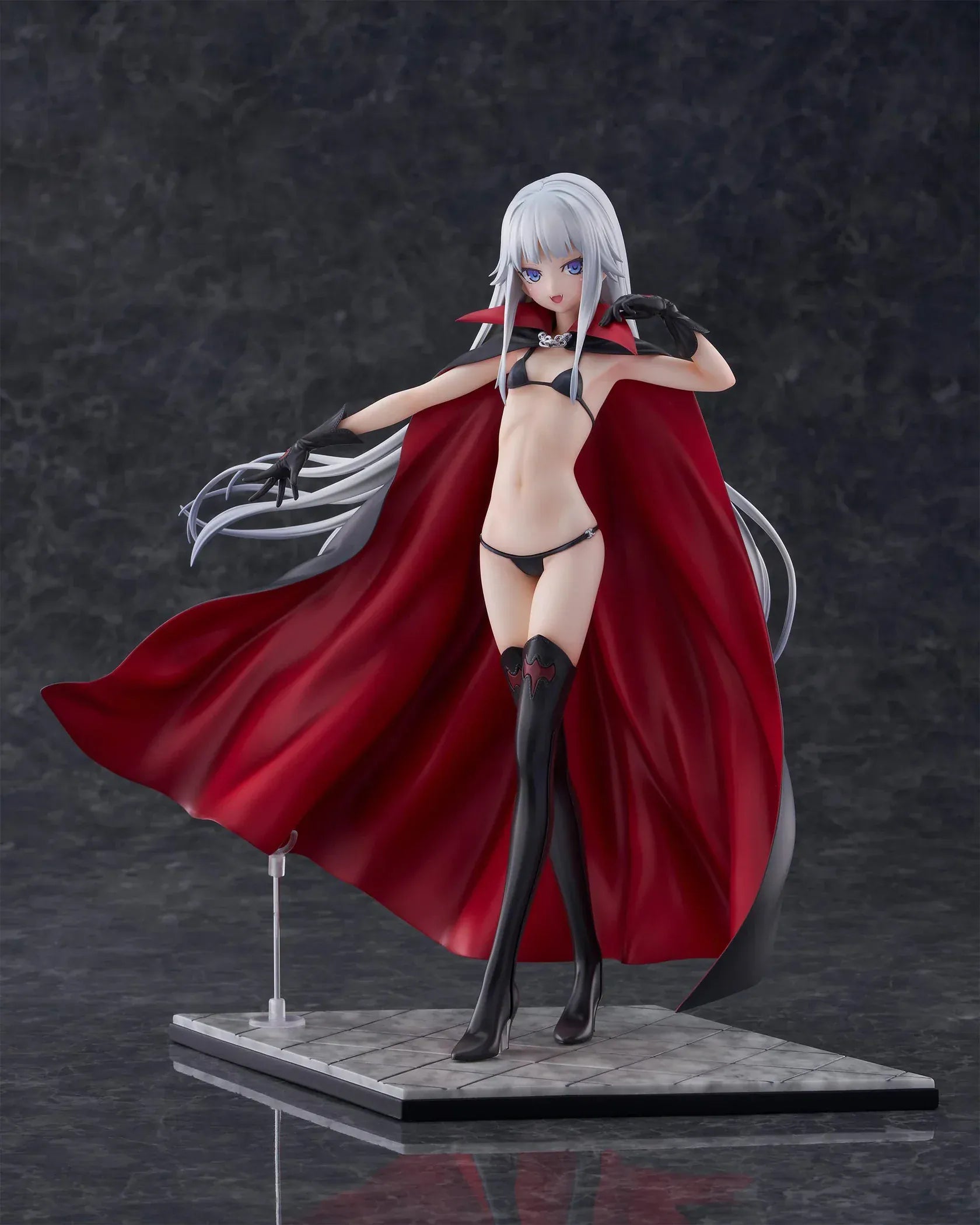Kirie Kagarino 1/6 scale figure from Bishoujo Mangekyou featuring flowing red cape, black outfit, and silver hair on display base