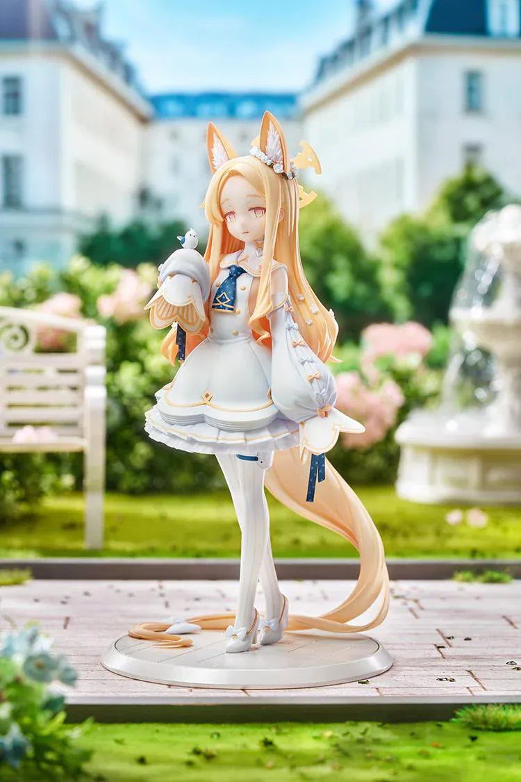 Blue Archive Seia 1/7 Scale Figure with long blonde hair, fox-like ears, white-and-gold outfit, halo, bird companion, and display base