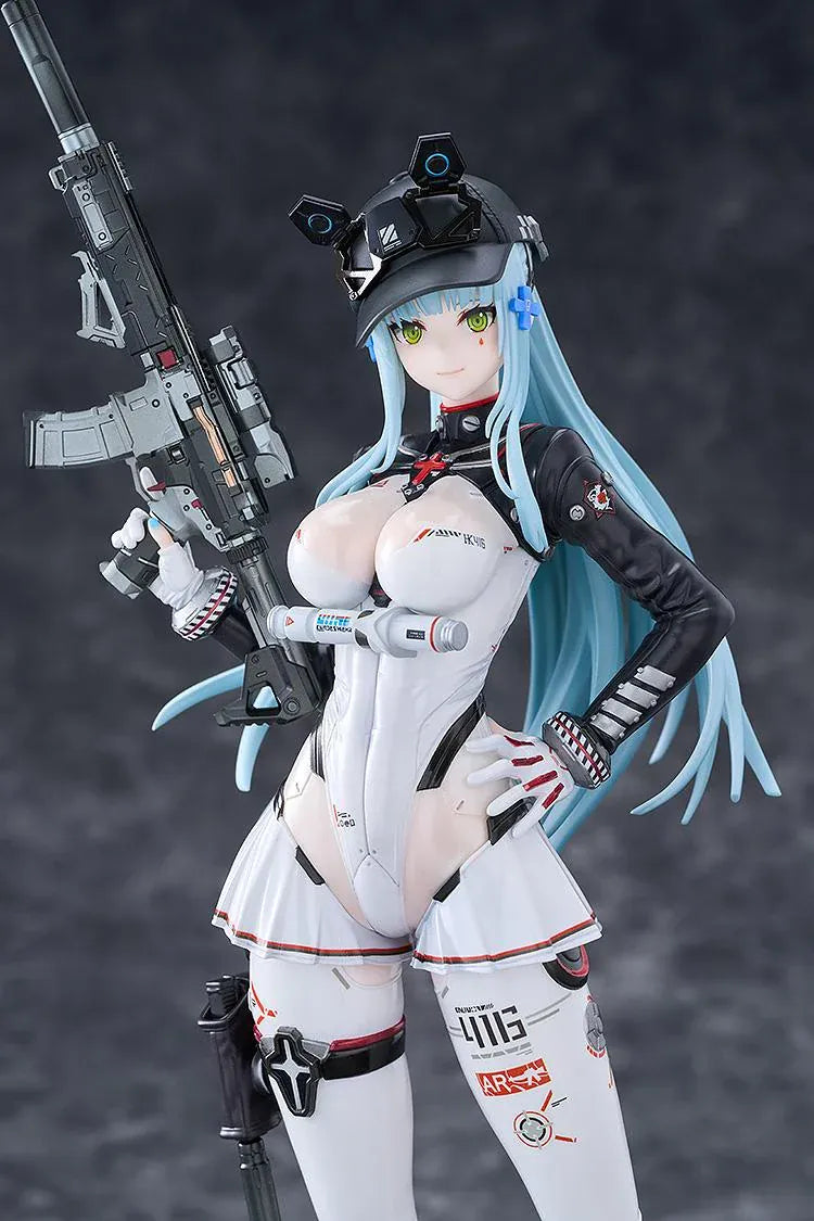 Girls' Frontline 2 Exilium Klukai Speed Star figure with light blue hair, a white and black outfit, cap, goggles, and rifle on a blue display base.