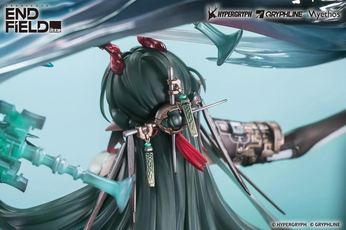 Arknights Endfield Zhuang Fangyi 1/7 scale figure with teal hair and a green outfit, surrounded by a curling dragon and translucent turquoise blades.