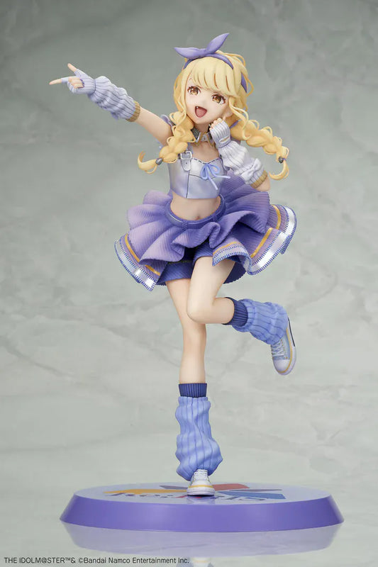 The Idolmaster Gakuen Kotone Fujita Re;IRIS Ver. 1/7 Scale Figure featuring Kotone with blonde twin braids, purple idol outfit, leg warmers, and themed display base.