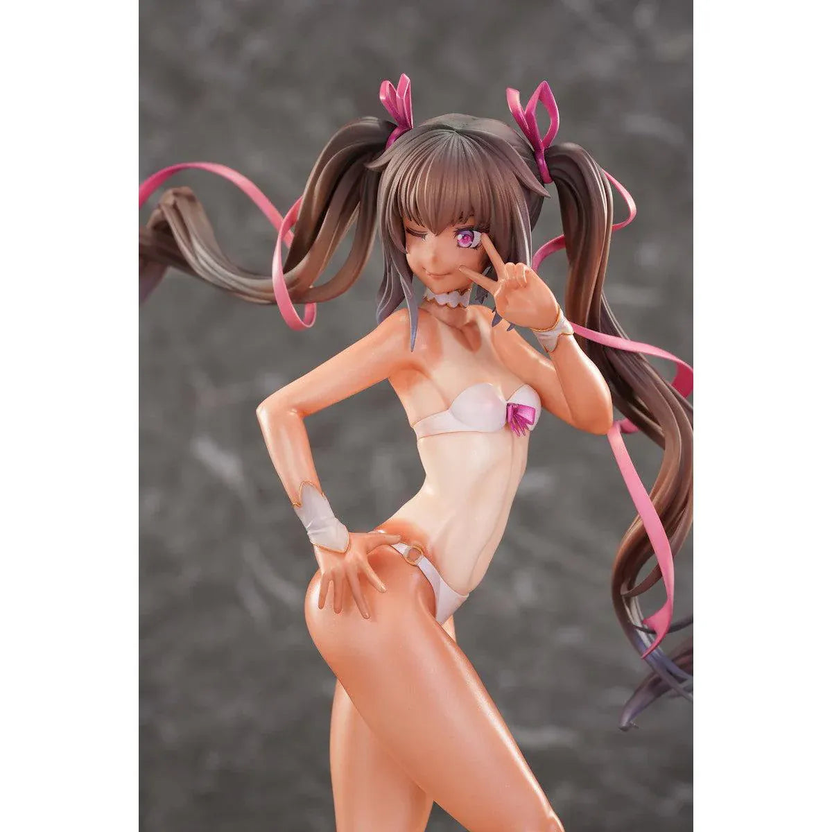 Taimanin RPG Adult Yukikaze Mizuki Swimsuit 1/6 Scale Figure featuring Yukikaze Mizuki in a white swimsuit-style outfit with twin-tail hair, pink ribbons, sandals, and display base.