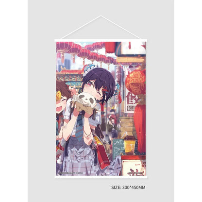 Panda Nikuman-chan Illustrated by Ogipote Deluxe Edition 1/6 Scale Figure featuring a purple-haired anime girl in a plaid skirt holding a panda-shaped steamed bun beside a red street food sign, accompanied by a matching illustrated wall scroll.