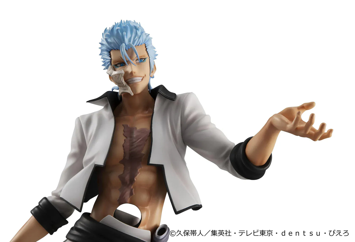 Bleach G.E.M. Series Grimmjow Jaegerjaquez Rerelease figure with blue hair, white Arrancar outfit, sword, and rocky display base