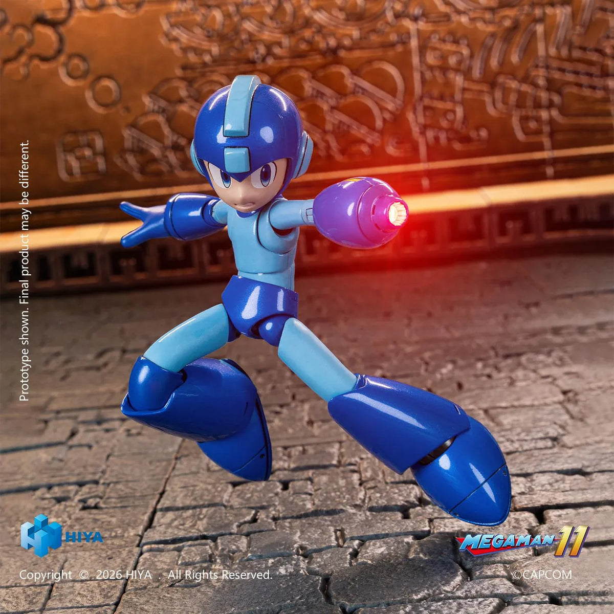 Mega Man Original Series action figure by Hiya Toys with interchangeable faces, hands, Mega Buster, charged-shot effect, and clear display stand.