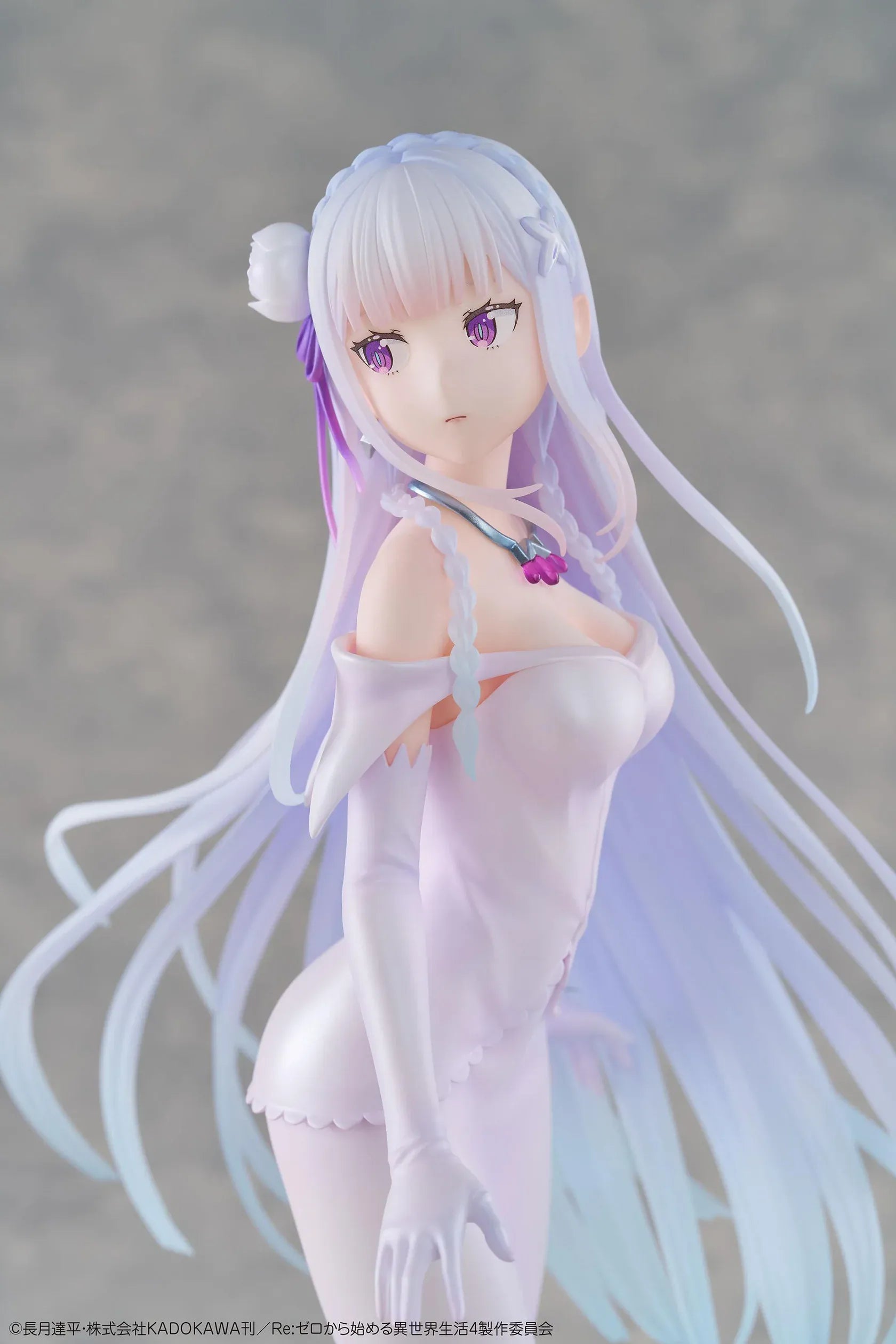 Re Zero Emilia Wedding Dress Ver. 1/7 Scale Figure wearing an elegant flowing white bridal gown with silver hair and floral accessories