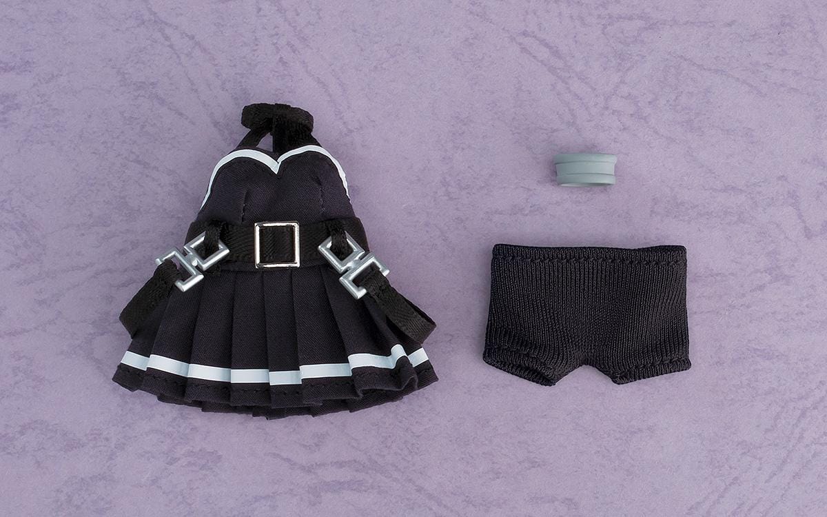 Frieren Beyond Journey's End Nendoroid Doll Übel with green hair, purple eyes, a black fabric dress with white trim, buckled belt, and black boots.