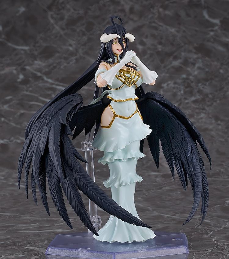 Overlord The Holy Kingdom figma Albedo Figure wearing her white and gold dress with large black feathered wings and signature horns