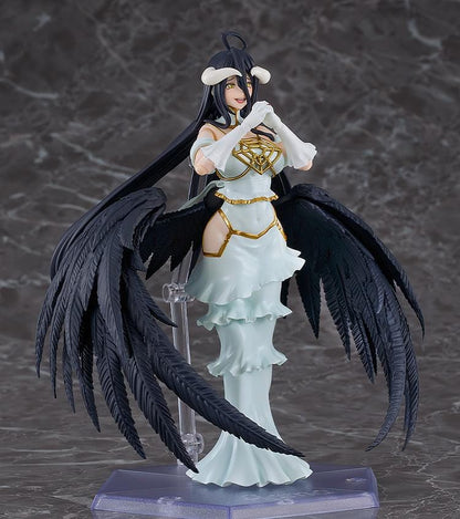 Overlord The Holy Kingdom figma Albedo Figure wearing her white and gold dress with large black feathered wings and signature horns