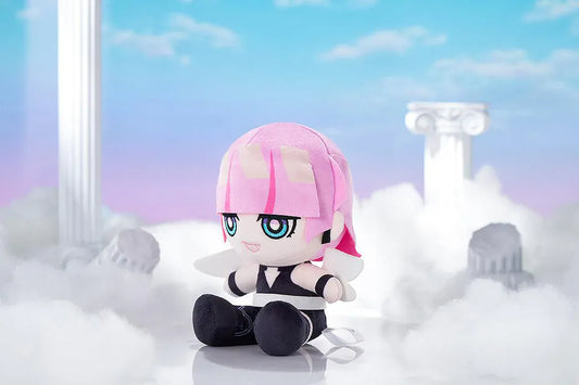 New PANTY & STOCKING with GARTERBELT Polyurethane Punipuni Plushie with pink hair, blue eyes, black outfit, wing details, and seated chibi plush design