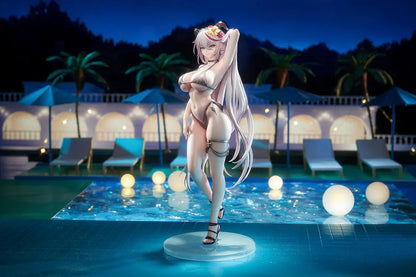 Azur Lane Agir Nightpool 1/6 Scale Figure featuring Agir with long silver hair, horn details, floral accessories, dark swimwear, and a water-inspired display base.