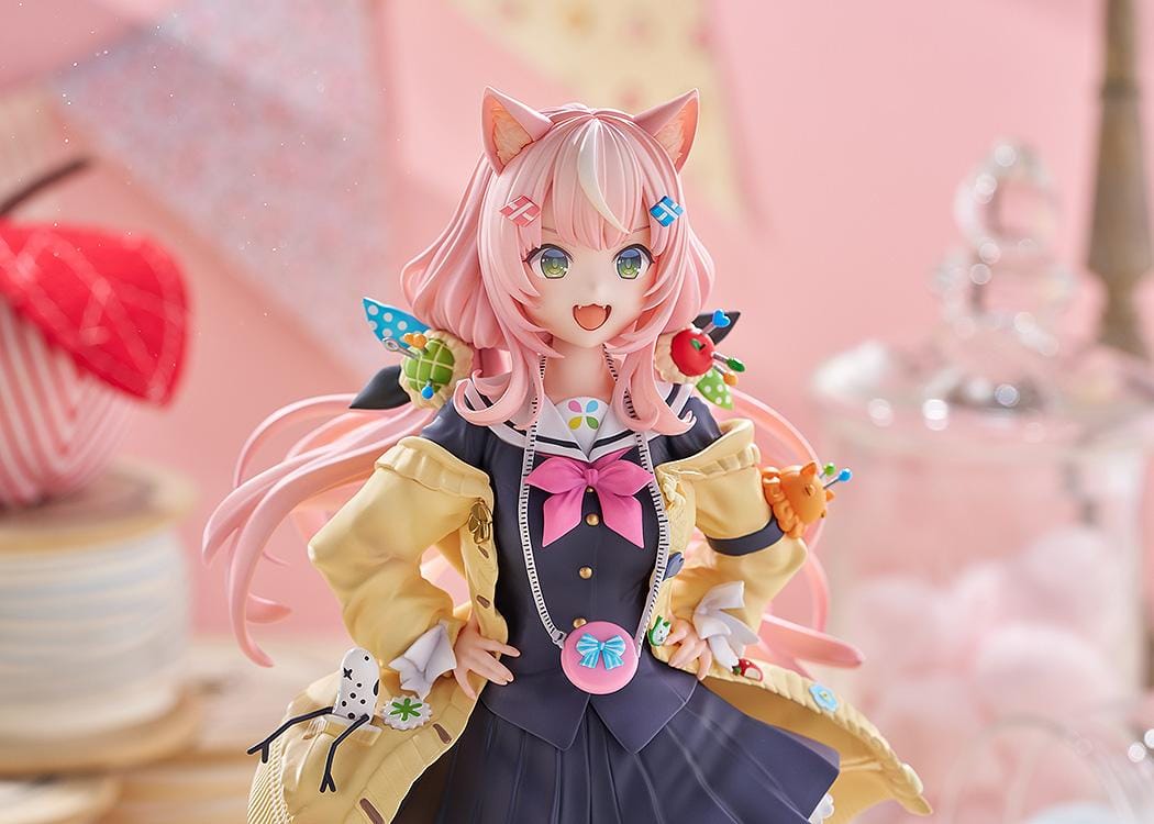 Nijisanji Yang Nari 1/7 scale figure with pink hair, cat ears, school uniform, and yellow coat standing in energetic pose