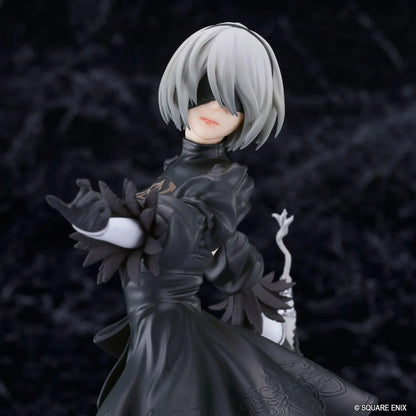 NieR POP UP PARADE 2B YoRHa No.2 Type B L Size Figure featuring a silver-white-haired android wearing a black gothic combat dress, thigh-high boots, and black gloves while holding a large sword on a circular display base.