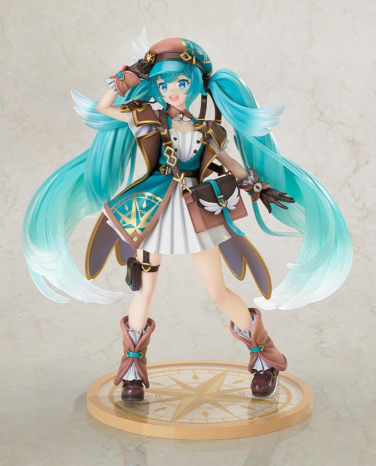 1/7 scale Hatsune Miku 100th Adventure Ver. figure in teal traveler outfit with long twin-tails and compass-style base