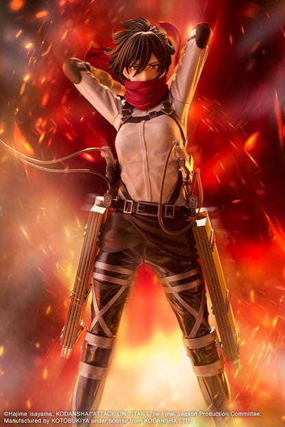 Attack on Titan Oshi Works Mikasa Ackerman The Final Season figure featuring Mikasa in her Survey Corps uniform adjusting her signature red scarf with detailed ODM gear