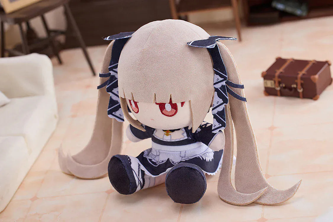 Azur Lane Formidable Punipuni plushie with long blonde twin tails, red embroidered eyes, and navy outfit in seated pose