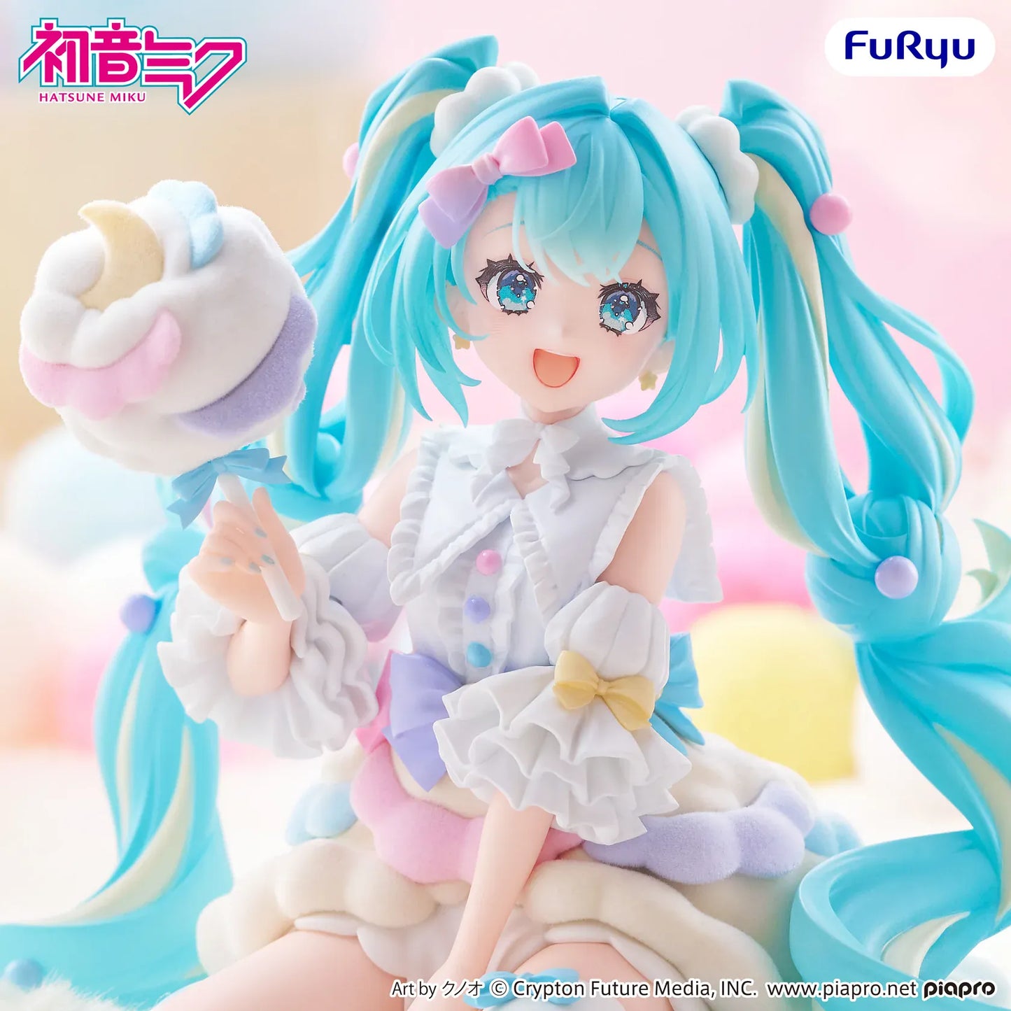Hatsune Miku melffy Figure Sugar Cloud featuring Miku with bright twin tails, pastel outfit, candy-inspired accessory, and cute seated pose