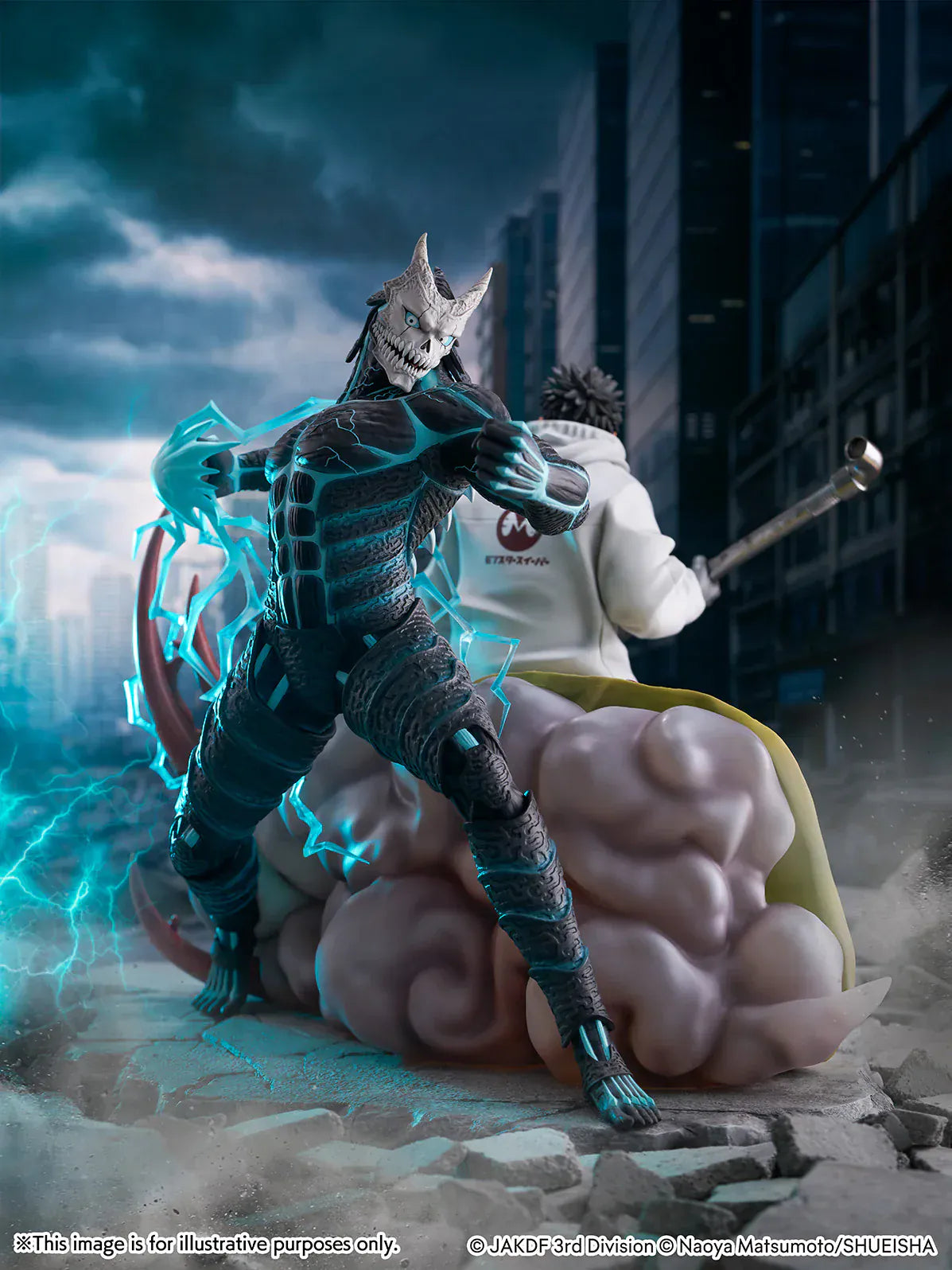 Kaiju No. 8 Kafka Hibino and Kaiju No. 8 1/7 scale figure diorama with Kafka wielding a pipe in front of the transformed kaiju and organic nest base