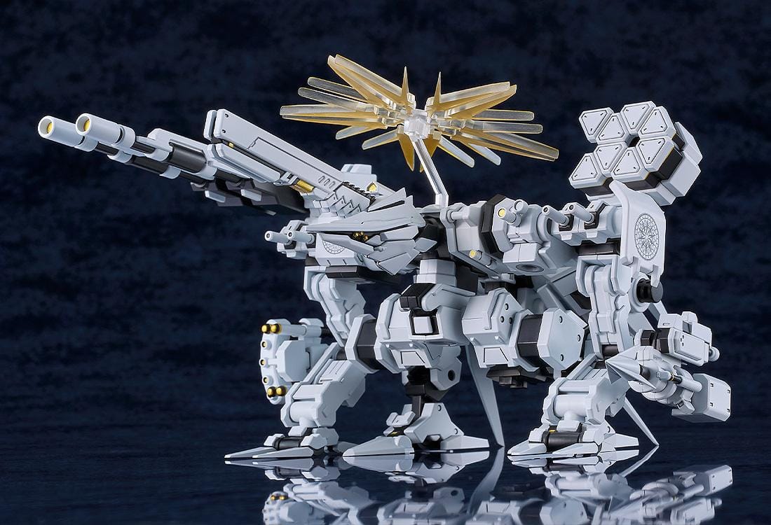 Blue Archive MODEROID Daath Model Kit featuring a white and black armored mecha design with gold effect parts and detailed mechanical styling