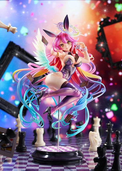 No Game No Life Jibril Bunny Ver. 1/6 Scale Figure featuring a pink-haired anime girl with flowing multicolored strands, golden eyes, purple bunny ears, a glossy purple bunny suit, thigh-high stockings, feathered wings, and a halo floating above a checkered display base.