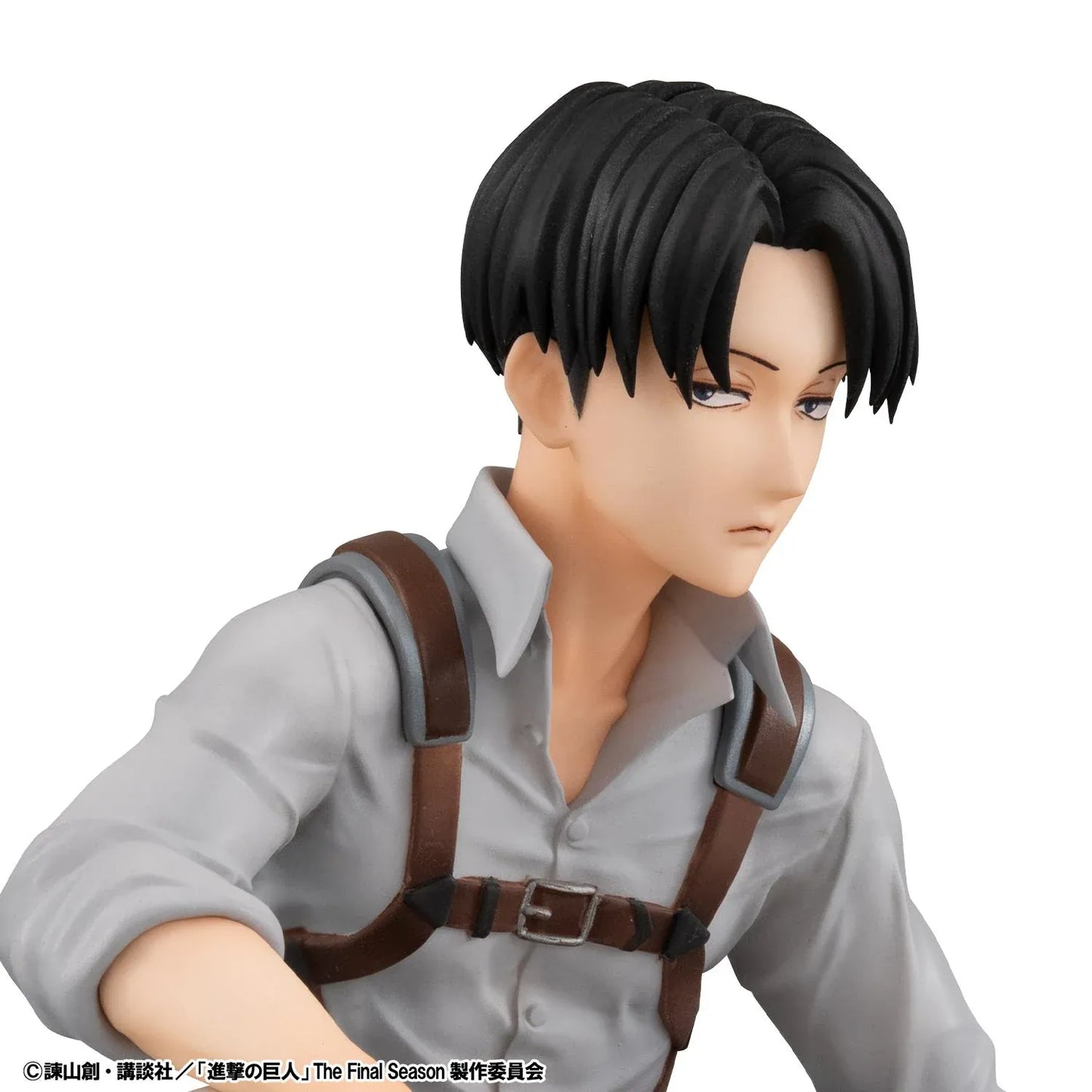 Attack on Titan G.E.M. Series Levi Tenohira Figure seated with short black hair, harness outfit, and serious expression