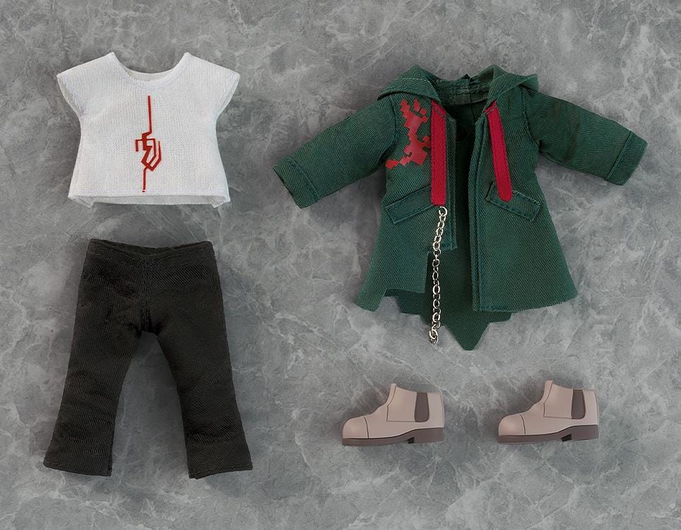 Danganronpa 2x2 Nendoroid Doll Nagito Komaeda with white hair, a dark green fabric coat, black trousers, gray shoes, and a silver-colored chain.