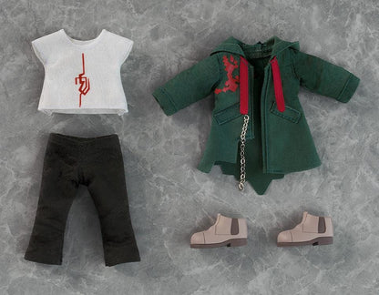 Danganronpa 2x2 Nendoroid Doll Nagito Komaeda with white hair, a dark green fabric coat, black trousers, gray shoes, and a silver-colored chain.