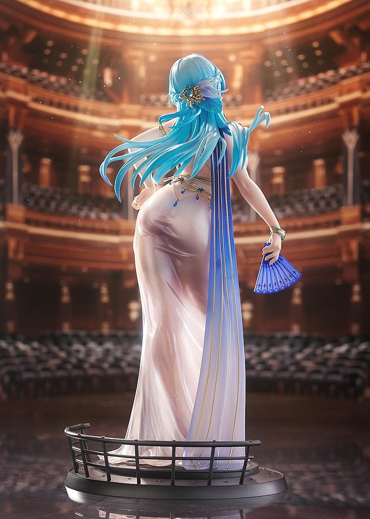 Goddess of Victory: Nikke Helm Chandelier 1/7 scale figure in shimmering pale dress with blue hair, gold accessories, and fan on ship-like base