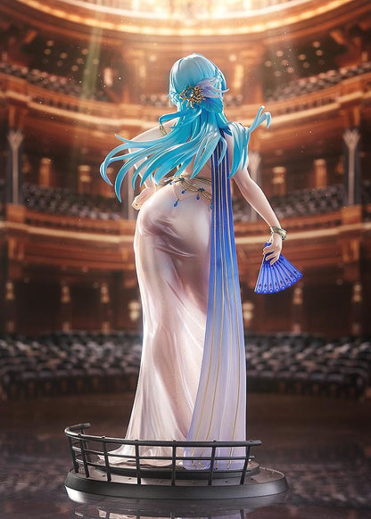 Goddess of Victory: Nikke Helm Chandelier 1/7 scale figure in shimmering pale dress with blue hair, gold accessories, and fan on ship-like base