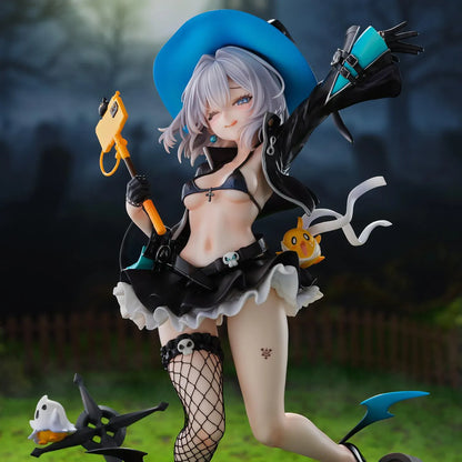 Azur Lane Jade 1/6 scale figure with silver hair, a blue witch hat, and a black ruffled outfit posed above a detailed graveyard base.