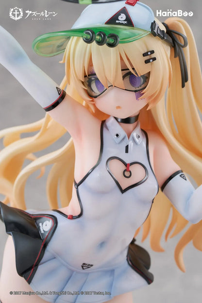 Azur Lane Bache Showy Sports Star Deluxe Ver. 1/6 Scale Figure featuring Bache in a tennis-inspired outfit with racket, tennis balls, display base, bonus artwork, and character can badge.