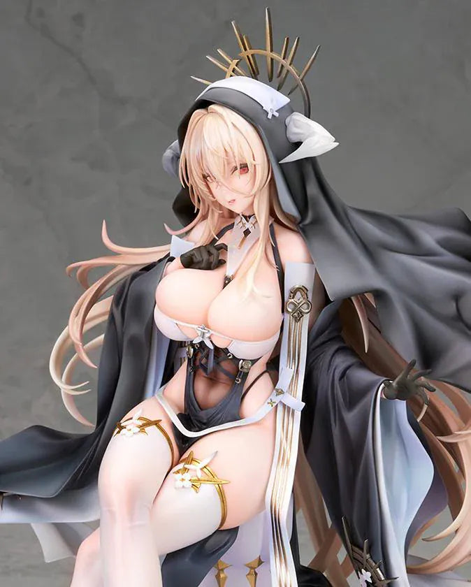 Azur Lane Implacable Special Ver. 1/7 Scale Figure with long blonde hair, black-and-white outfit, gold accents, halo headpiece, and clear display base