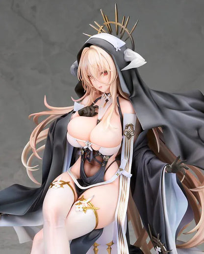 Azur Lane Implacable Special Ver. 1/7 Scale Figure with long blonde hair, black-and-white outfit, gold accents, halo headpiece, and clear display base