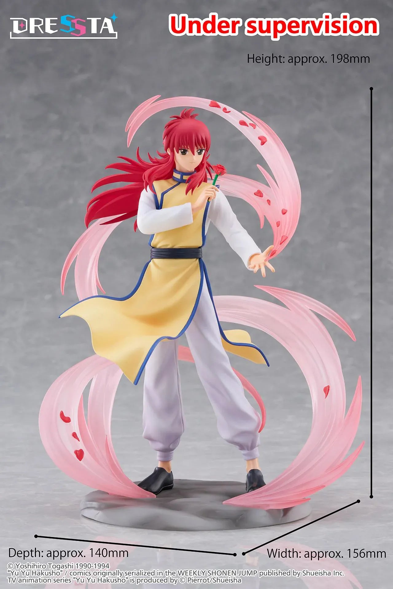 Yu Yu Hakusho Dressta Kurama Figure with red hair, yellow outfit, rose accessory, pink energy effects, and display base