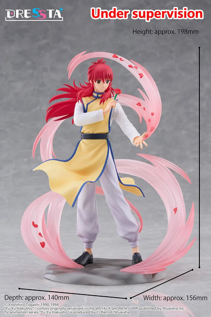 Yu Yu Hakusho Dressta Kurama Figure with red hair, yellow outfit, rose accessory, pink energy effects, and display base