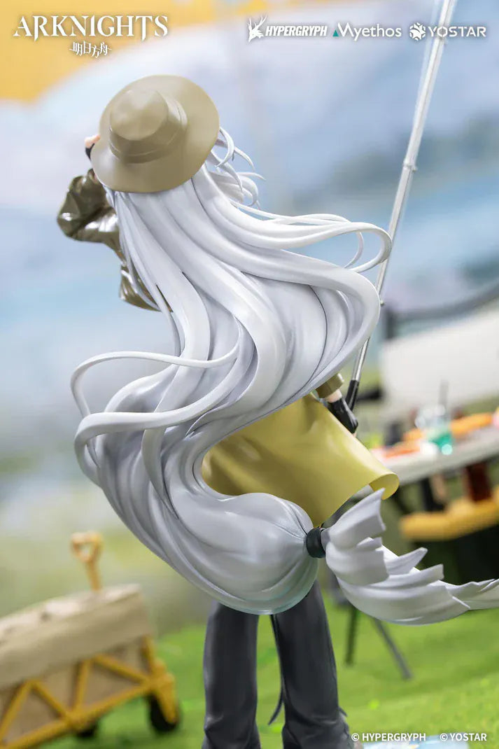Arknights Gift+ Skadi Wildlight Wander Ver. 1/8 Scale Figure featuring Skadi with long white hair, fishing rod accessory, outdoor outfit, hat, and themed display base.