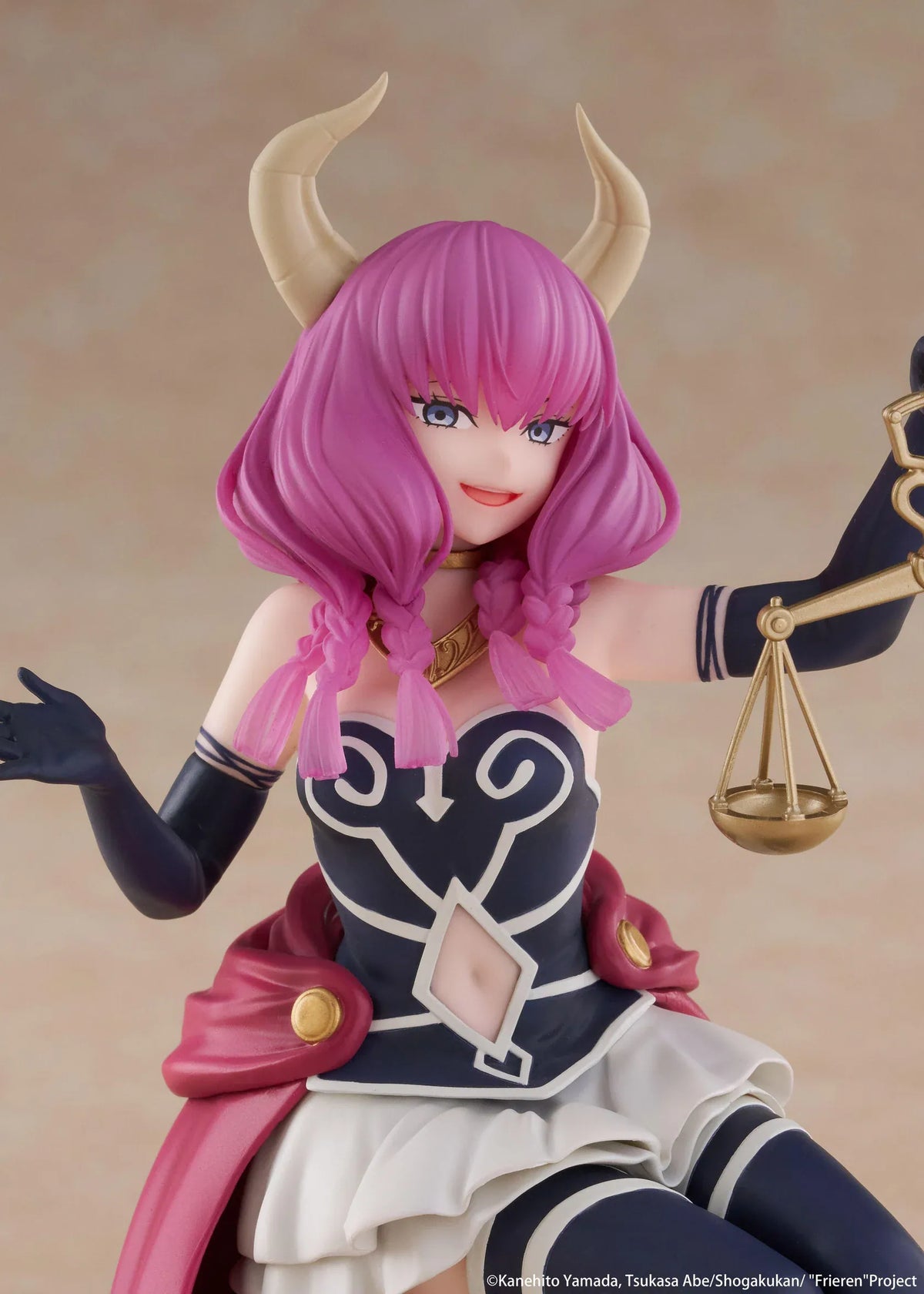 Desktop Cute Aura figure seated on a burgundy tufted stool, with purple hair, curved horns, a dark outfit, and golden balance scales held aloft.