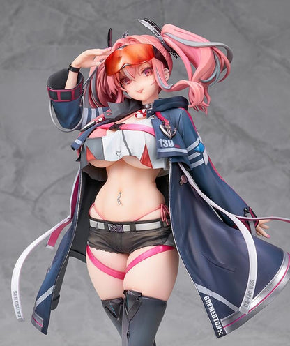 Azur Lane Bremerton 1/7 scale figure with pink twin tails, orange goggles, a navy coat, black shorts, and tall boots in a saluting pose.