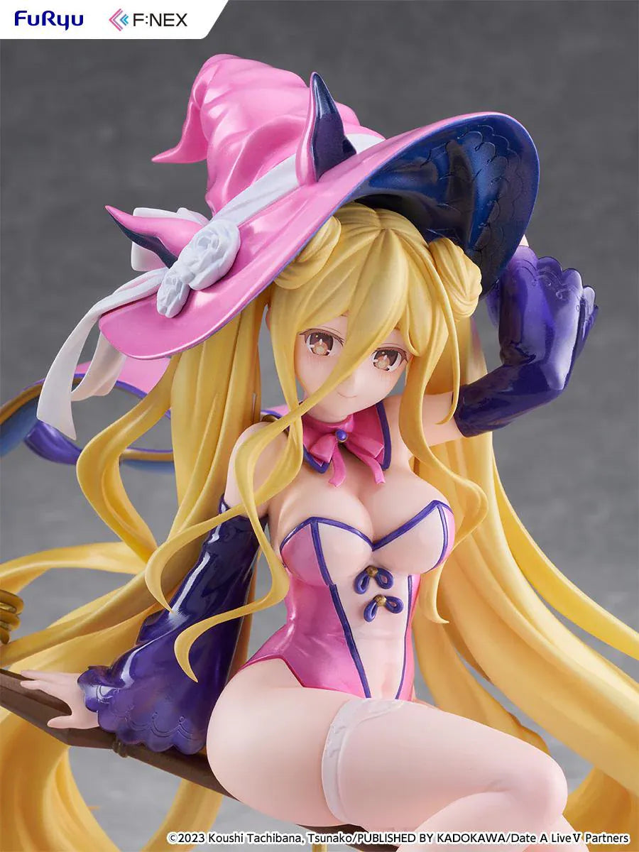 Date A Live V Mukuro Hoshimiya Witch Style Ver. 1/7 Scale Figure featuring Mukuro with long blonde hair, pink witch outfit, large witch hat, key-shaped staff, and magical display base.