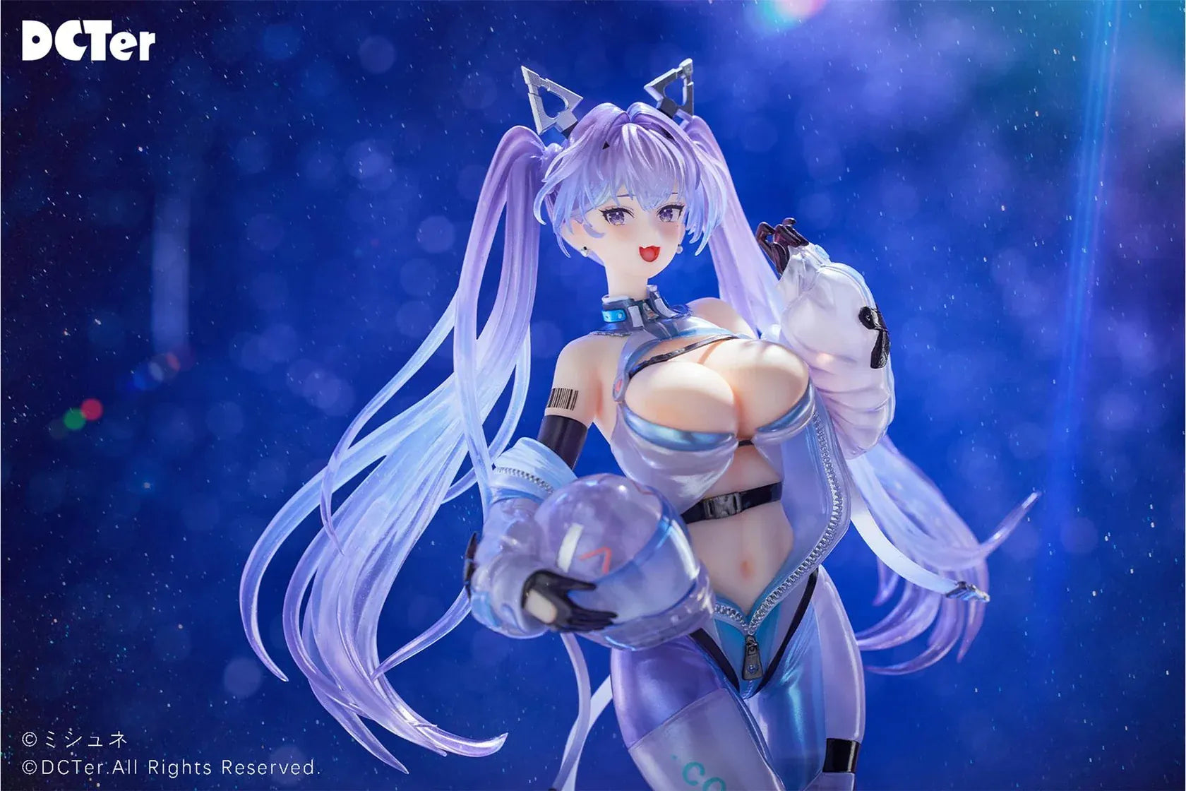 Star Sky Aila 1/7 scale figure featuring lavender twin tails, a futuristic blue bodysuit, helmet accessory, and custom sci-fi display base