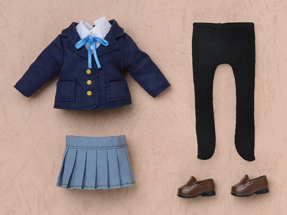 K-ON Nendoroid Doll Yui Hirasawa wearing her Sakuragaoka High School uniform with navy blazer, pleated skirt, and blue ribbon