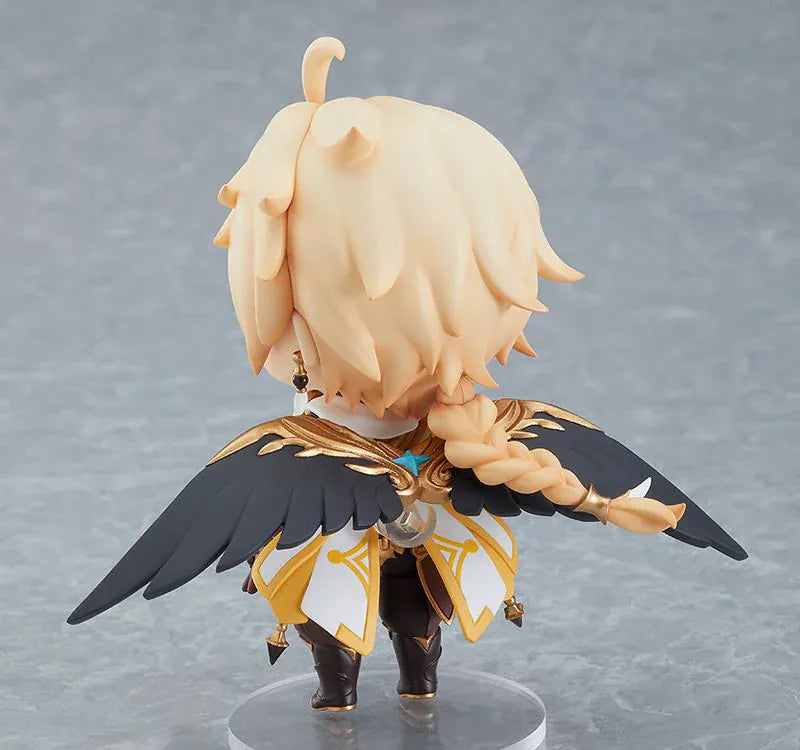 Genshin Impact Nendoroid Traveler Figure Aether Rerelease featuring Aether with blonde hair, golden eyes, fantasy outfit details, yellow cape, and sword accessory.