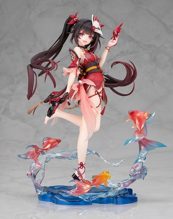 Honkai Star Rail Sparkle 1/7 scale figure in red and black outfit surrounded by translucent water effects and colorful goldfish