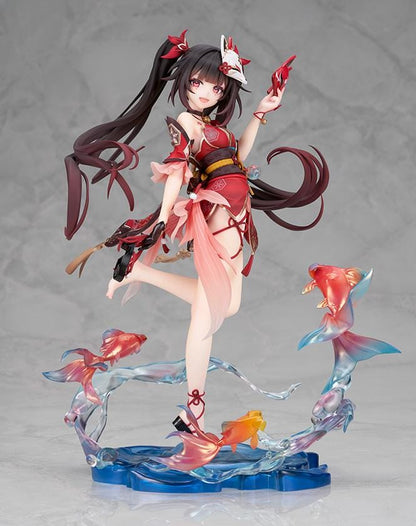 Honkai Star Rail Sparkle 1/7 scale figure in red and black outfit surrounded by translucent water effects and colorful goldfish