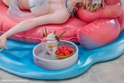 Brown Dust 2 Hot Summer Dream Justia 1/7 Scale Figure relaxing on a pink flamingo float with a water-themed display base