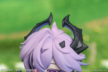 Genshin Impact Durin Floral Wanderings ver. with Bonus Non Scale Figure featuring Durin with lavender hair, horns, bat-like wings, books, companion illustration, and themed display base.