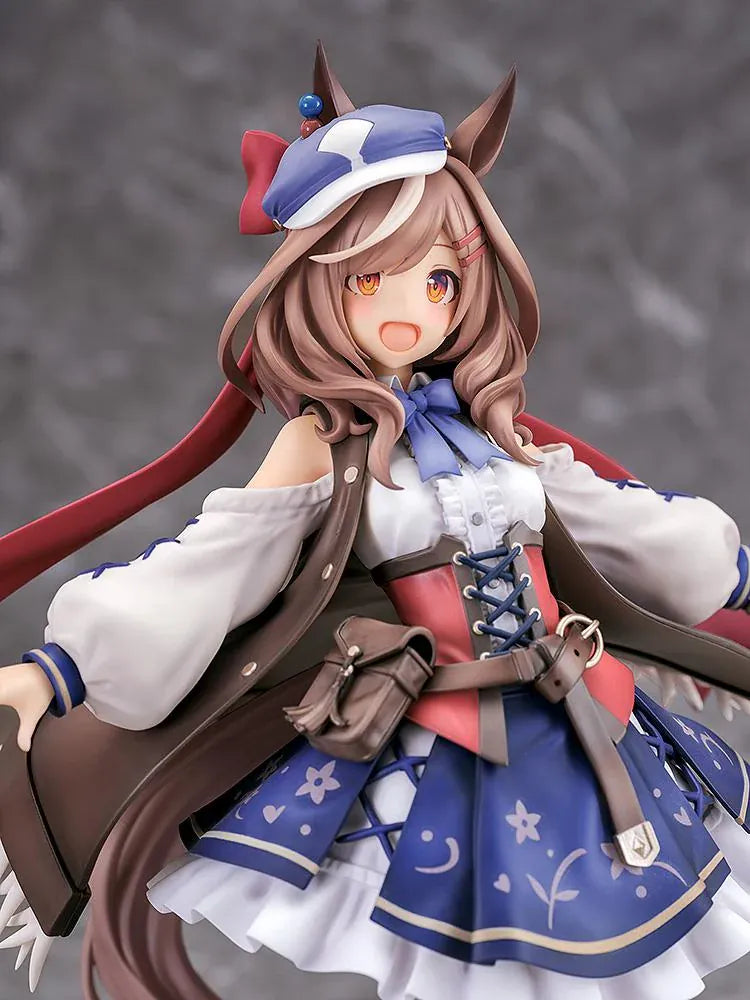 Umamusume Pretty Derby Matikanetannhauser 1/7 scale rerelease figure in a blue-and-red outfit with a flowing cape and themed display base.